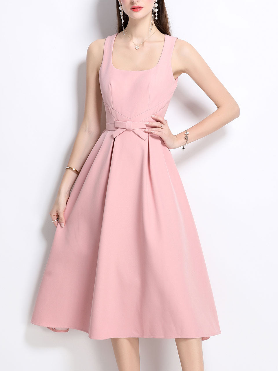 Pink Satin U Neck Sleeveless Bow 1950S Vintage Sweet Party Dress