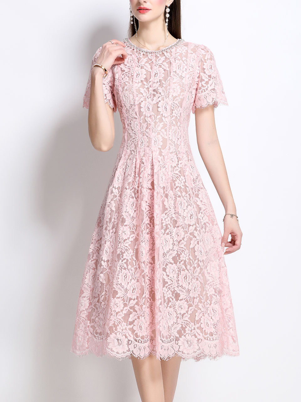 French Riviera Scalloped Lace Short Sleeve Womens Evening Midi Dress, Pink / M French Riviera Scalloped Lace Short Sleeve Womens Evening Midi Dress, Pink / M