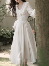 Load image into Gallery viewer, White Lace V-Neck Hooded Boho Bridal Gown Wedding Vintage Dress