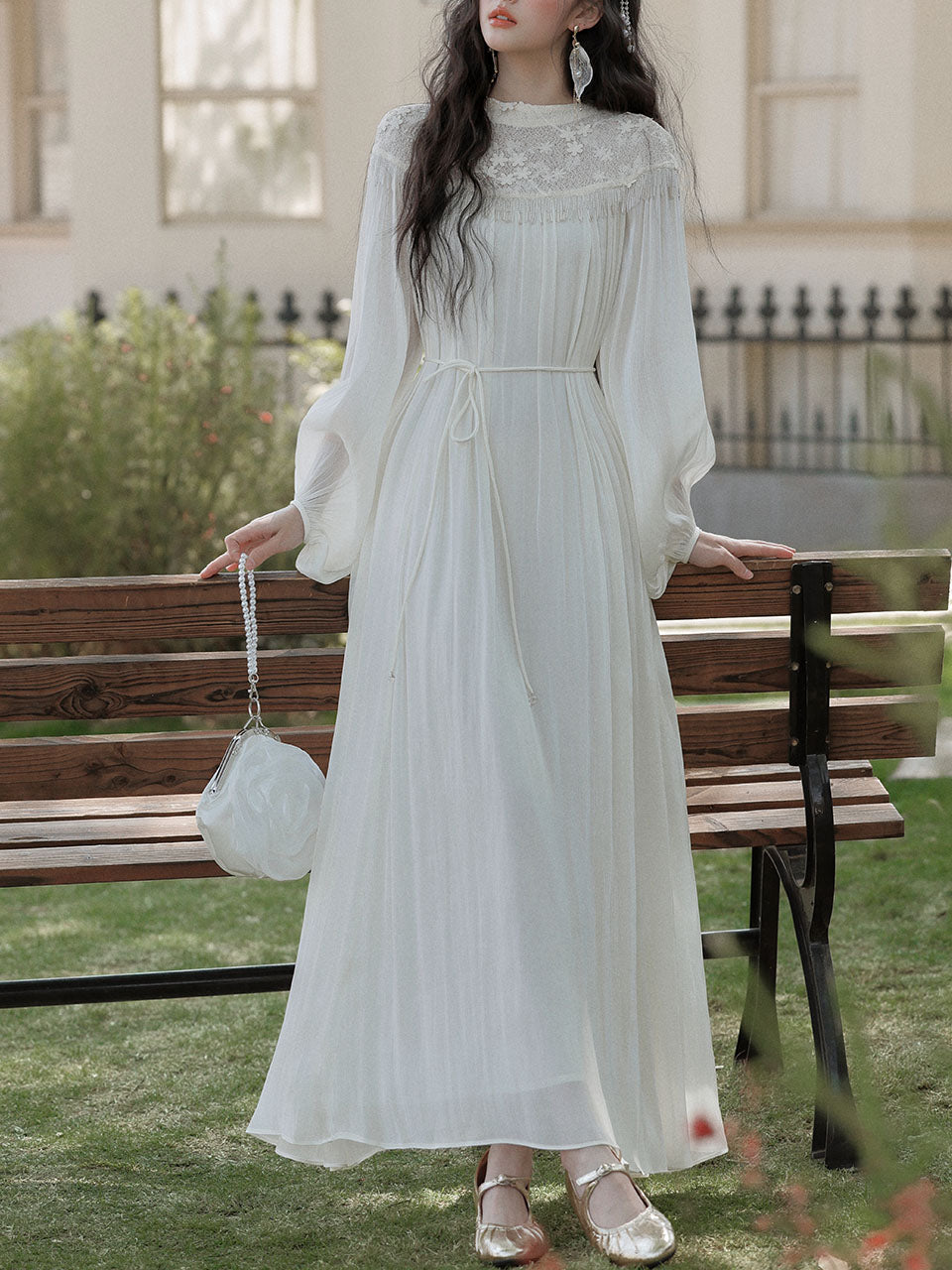 Vintage White Lace Fringe Flowing Boho Wedding Maxi Dress, White / M