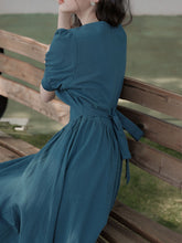 Load image into Gallery viewer, Peacock Blue Bluebell Embroidered Vintage Dress with Lace-Up Back
