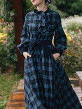 Load image into Gallery viewer, Dark Blue Plaid Ruffle 1950S Vintage Woolen Coat Swing Retro Dress