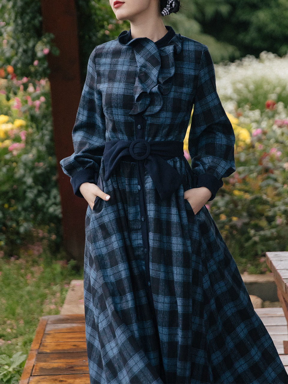 Dark Blue Plaid Ruffle 1950S Vintage Woolen Coat Swing Retro Dress