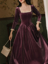 Load image into Gallery viewer, Purple Square Collar White Lace Velvet 1950S Hepburn Style Vintage Dress