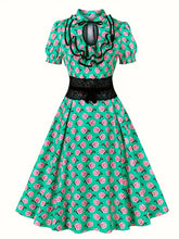 Load image into Gallery viewer, Green Rose Print Ruffles Puff Sleeves 1950s Retro Dress