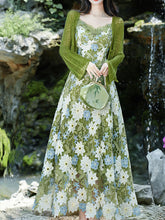 Load image into Gallery viewer, Green Floral Embroidered Lace Maxi Dress Prom Dress With Cardigan