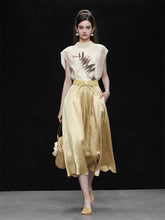 Load image into Gallery viewer, 2PS Silk Printed Sleeveless Top and Gold Metallic Midi Skirt Dress Set
