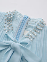 Load image into Gallery viewer, Gold Foil Butterfly Print Chiffon Blue Maxi Dress with Bow Neck