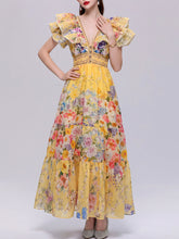 Load image into Gallery viewer, Women’s Dark Boho Floral Printed Chiffon V-Neck Ruffled Summer Beach Maxi Dress