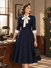 Load image into Gallery viewer, 1950s Vintage Navy Blue Bow Tie Swing Dress - Retro Office Workwear Midi Dress