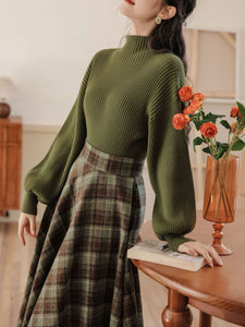 2PS Green Sweater And Plaid Swing Skirt 1950S Vintage Audrey Hepburn's Style Outfits