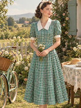 Load image into Gallery viewer, 1940s Vintage Green Gingham Puff Sleeve Swing Dress - Retro Cottagecore Picnic Midi Dress