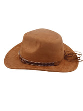 Load image into Gallery viewer, Western Cowboy Hat for Women – Faux Suede Fedora Hat with Braided Band and Gold Feather Accent, Tan Brown Outback Style Jazz Cap