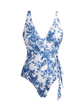 Load image into Gallery viewer, Blue and White Floral High Waisted Bikini Set with Tiered Maxi Skirt 2-Piece Swimsuit