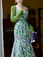 Load image into Gallery viewer, 2PS Green Floral Printed Spaghetti Straps Vintage Dress With Cardigan Suit