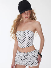 Load image into Gallery viewer, Retro White Polka Dot Halter Bandeau Tankini Set with Tiered Ruffle Skirt