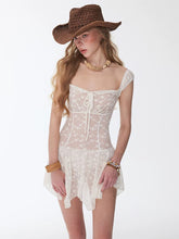 Load image into Gallery viewer, White Lace One Piece Swimdress Square Neck Skirted Swimsuit with Tie Front
