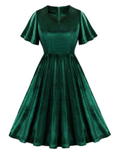 Load image into Gallery viewer, Christmas Green V Neck Velvet 1950S Vintage Swing Dress