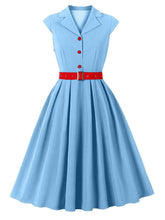 Load image into Gallery viewer, Audrey Hepburn Style Vintage Baby Blue 1950s Cotton Shirt Dress with Pockets