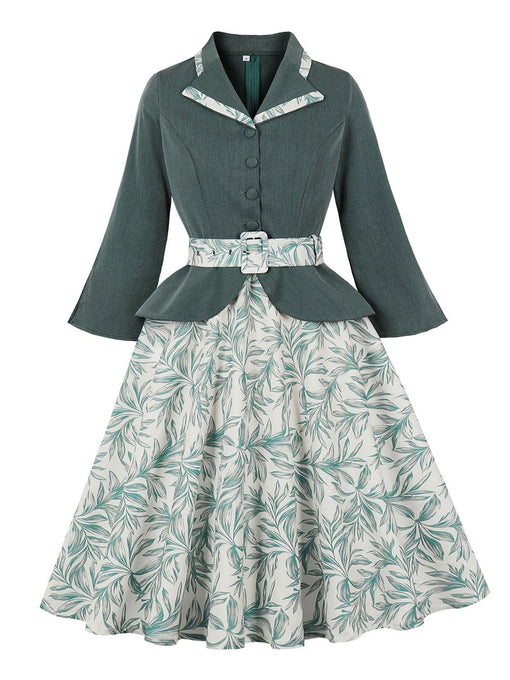 PUKAVT Women's 1950s Retro Swing Dress – Cap Sleeve Cocktail Dress With Pockets, Z-Green Leaves Print, X-Large - View #5