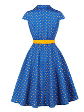Load image into Gallery viewer, 1950s Vintage Blue &amp; Yellow Polka Dot Rockabilly Swing Dress