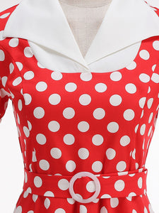 Red Polka Dots Short Sleeve 1950s Vintage Dress