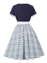 Load image into Gallery viewer, Navy Floral Print Short Sleeve 1950s Vintage Dress