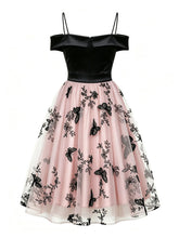 Load image into Gallery viewer, 1950s Off-The-Shoulder Satin &amp; Pink Butterfly Mesh Swing Dress  with Gloves