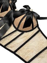 Load image into Gallery viewer, Black Bow Nude Lace Corset Top - Pearl Embellished Bustier with Tie Straps
