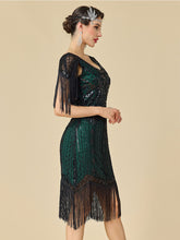 Load image into Gallery viewer, Women's 1920s Flapper Dress with Fringe Sleeves Black Gold Gatsby Costume Sequined Beaded Dress