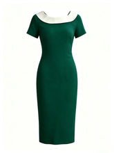 Load image into Gallery viewer, Vintage dark green short sleeve pencil dress with contrast white boat neck collar and fitted midi sheath silhouetteVintage dark green short sleeve pencil dress with contrast white boat neck collar and fitted midi sheath silhouette
