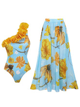Load image into Gallery viewer, Women’s Light Blue Floral Print One-Shoulder One Piece with Yellow Ruffle and Long Skirt Set