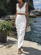 Load image into Gallery viewer, Women's White Lace Trim Bikini Bridal Swimsuit with Asymmetric Cover-Up Skirt