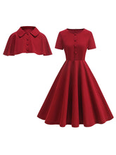 Load image into Gallery viewer, Classic Short Sleeveless 50S Swing Christmas Dress With Cape
