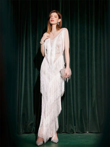 White Fringed V Neck 1920s Great Gatsby Flapper Dress