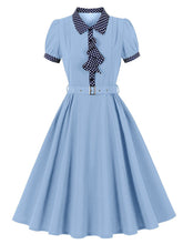 Load image into Gallery viewer, Vintage 1950s Baby Blue Polka Dot Ruffles Swing Dress