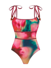 Load image into Gallery viewer, Women's Floral Watercolor One Piece Swimsuit with Mesh Asymmetric Maxi Skirt Set