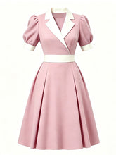 Load image into Gallery viewer, 1950s Lake Blue Notch Lapel Collar Vintage Puff Sleeve Retro Swing Dress