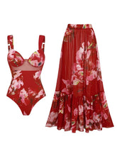 Load image into Gallery viewer, 2PS Red Floral One-Piece Swimsuit and Sheer Maxi Cover-Up Skirt Set