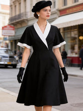 Load image into Gallery viewer, 1950s Vintage Black &amp; White Lapel Short Sleeve Swing Dress