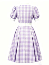 Load image into Gallery viewer, 1950s Baby Blue Plaid Notch Lapel Collar Vintage Puff Sleeve Retro Swing Dress