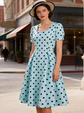 Load image into Gallery viewer, 1950s Mint Blue Polka Dot Puff Sleeve Vintage Swing Dress