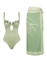 Load image into Gallery viewer, 2PS Sage Green Floral One-Piece Swimsuit Wave Trim Sarong Wrap Skirt Set