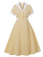 Load image into Gallery viewer, Yellow and white plaid 1950s vintage swing dress featuring a white lapel collar, front buttons, and a flared midi skirt.