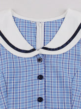 Load image into Gallery viewer, 1950s Blue Plaid Vintage Sailor Collar Short Sleeve Swing Dress