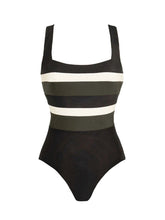Load image into Gallery viewer, Black Striped One-Piece Swimsuit with Matching Tie-Front Wrap Skirt