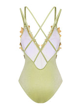 Load image into Gallery viewer, Mint Green Metallic Blossom Luxury Crisscross Back Shimmering  One-Piece Swimwear &amp; Draped Sarong Set