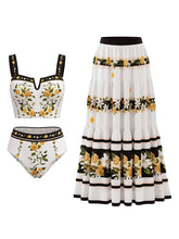 Load image into Gallery viewer, Women's Vintage Floral Notch V-Neck Bikini Set with Matching High Waist Beach Maxi Skirt
