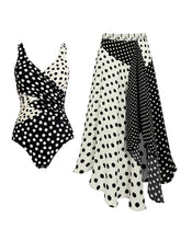 Load image into Gallery viewer, Women's Split Color Block Polka Dot Ruched V-Neck Bathing Suit and Asymmetric Hem Beach Skirt Set