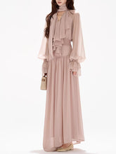 Load image into Gallery viewer, Pink Flowy Chiffon Maxi Dress with Oversized Bow Collar and Elegant Puff Sleeves